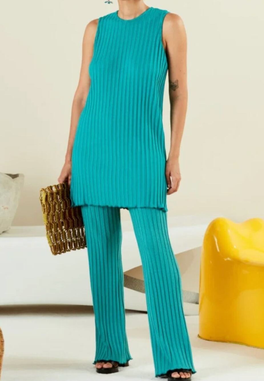 Simon Miller RIB Aukai Teal Blue Tunic Tank Top Pant Set Stretch Size Medium NEW